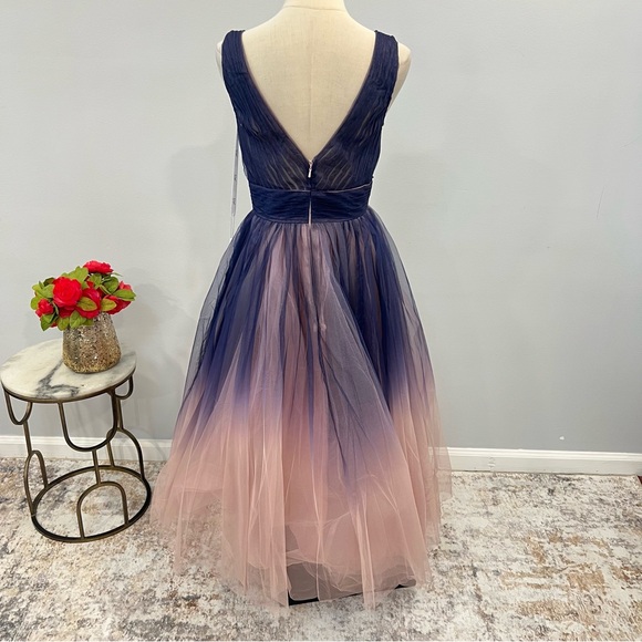 Mac Duggal 20403 Indigo Ombré Tulle Sleeveless V-Neck Midi Dress - Reemoly